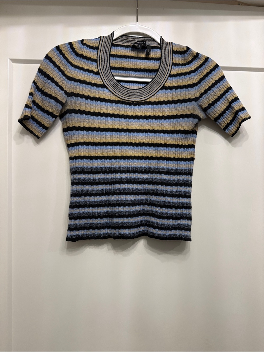 Theory Striped Ribbed Top in Blue, Yellow & Black